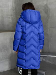 EURMUSE Women Solid Color Zipper And Pocket Detailed Long Winter Coats - Blue - View 3