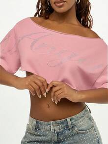 SUMWON WOMEN Rhinestone Logo Off Shoulder Cropped Sweatshirt Raw Hem Casual Pink Top Women Spring Fashion - Baby Pink - View 3