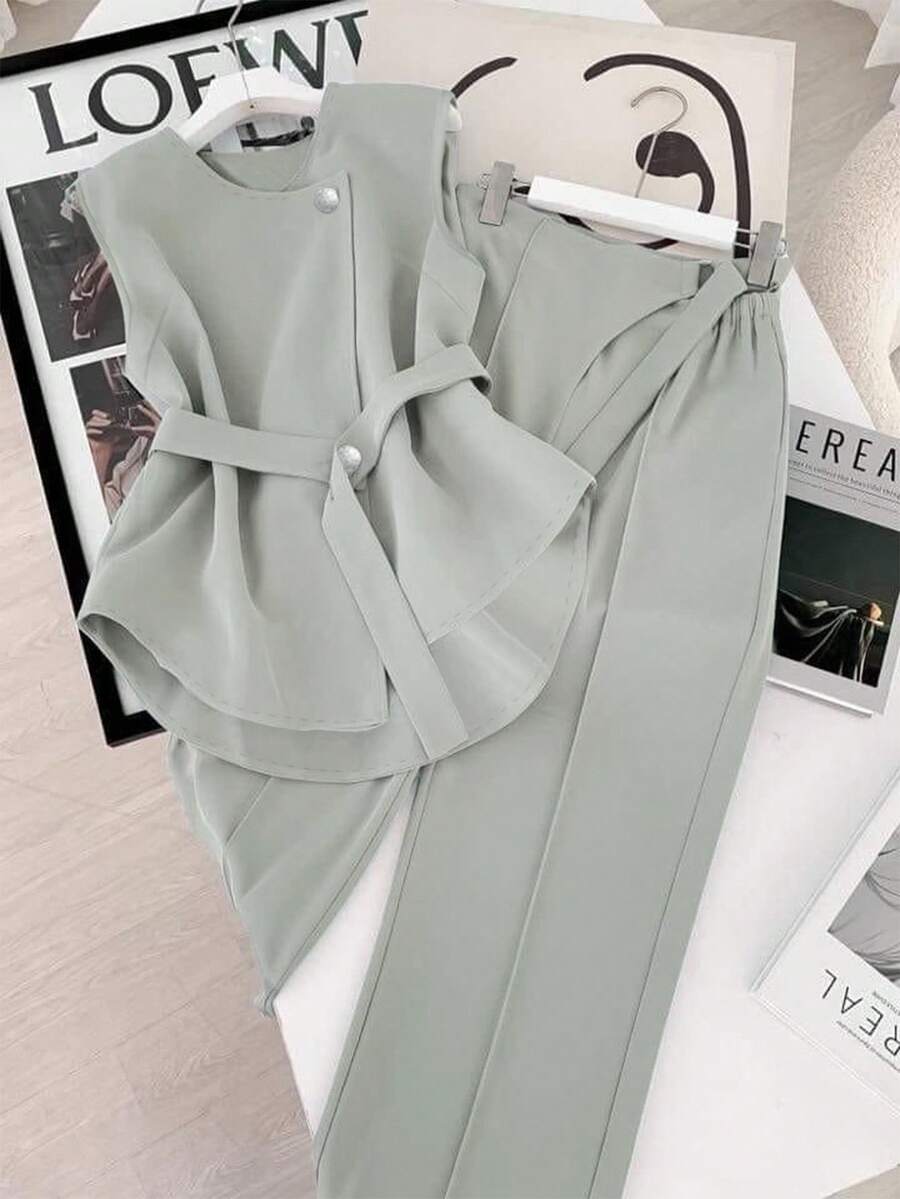 GlowEve Bộ quần áo ba lỗ và áo thun trơn màu mùa hè có thắt lưng - màu xanh lá - Xem 1