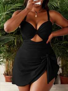 SHEIN Slayr CURVE Plus Size Solid Color Swimsuit Set For Women, Fluorescent Green Tankini With Detachable Straps - Black - View 1