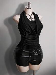 SHEIN ICON Áo yếm màu đen dành cho nữ cỡ lớn với trang trí dây xích kim loại. - màu đen - Xem 10