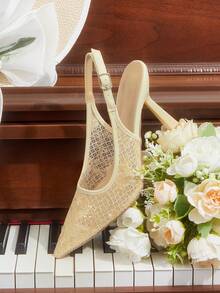 CUCCOO HITCHD 女士尖头蕾丝刺绣高跟鞋，优雅浪漫白色女士浅口鞋，新娘婚礼场合高跟鞋 - 薑色 - 查看 6