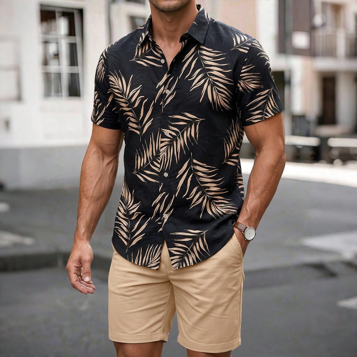 Conjunto de camisa hawaiana y pantalones cortos con estampado de hojas para vacaciones de verano de hombres
