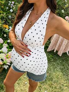 SHEIN Maternity Summer Casual Polka Dot Print Halter Neck Sleeveless Top - Black and White - View 5