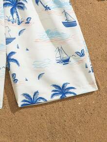 SHEIN Tween Boys White Tropical Print Woven Drawstring Waist Beach Shorts,Casual Summer Vacation Holiday Panama Surf Board Shorts For Swimming Pool Party - Beige - View 5