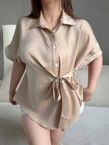 Flirla Casual Elegant Minimalist Commuter Loose Tie-Waist Open Front Office Lady Short Sleeve Plus Size Women Shirt, Summer - Apricot - View 7