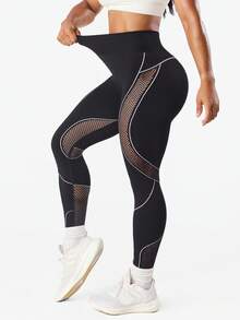 Dewbera 女士无缝瑜伽紧身裤，高腰收腹提臀，网眼设计时尚性感，吸湿排汗，舒适贴合，百搭 - 黑色 - 查看 4