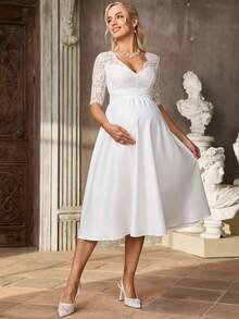 SHEIN Đầm bầu ren xòe thanh lịch, thoải mái, thích hợp cho kỳ nghỉ lãng mạn. - trắng - Xem 3