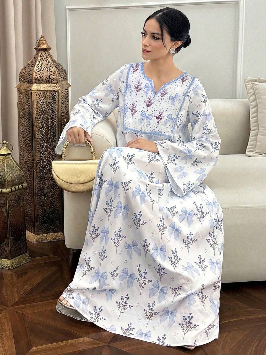 Yasmyna 女士V领花卉蝴蝶结印花休闲派对阿拉伯连衣裙 - 藍色 - 查看 1