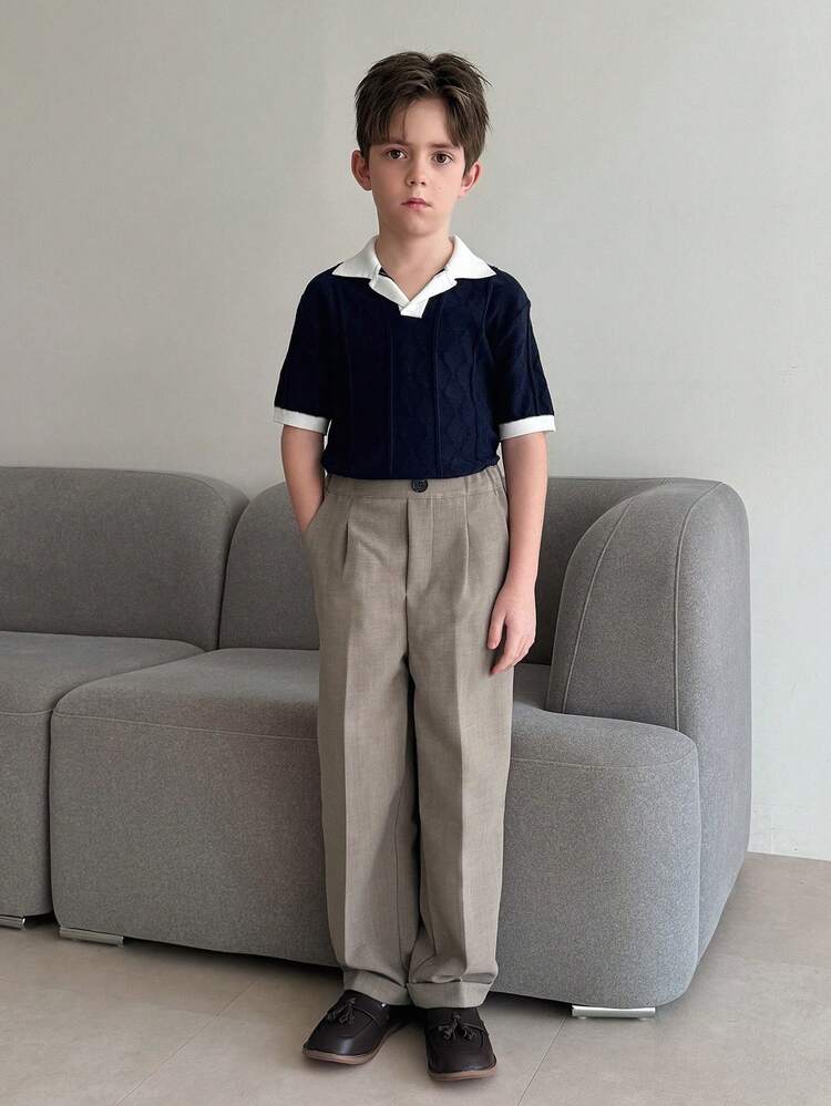 Tween Boy Contrast Color Collar Short Sleeve Casual Sweater