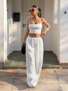 Muchica Women's White Crepe Knit Drawstring Casual Pants With Slanted Pockets Summer Holidays Spring Women Summer Vacations - White - View 5