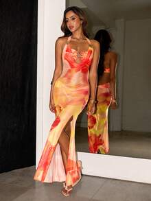 SHEIN ICON Sexy Floral Print Draped Neck Dress With 2 In 1 Design, Suitable For Vacation - Orange - View 3