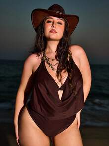 Swim Vcay New Elegant Plus Size Draped Neck Bohemian Bikini Top, Slimming Beach Vacation - Brown - View 7