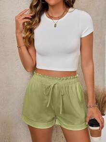 Glamine 女士夏季牛油果绿亚麻混纺短裤，休闲高腰弹力荷叶边抽绳宽松阔腿舒适透气速干沙滩短裤，带口袋，适合日常通勤和街头穿着 - 青檸色 - 查看 6