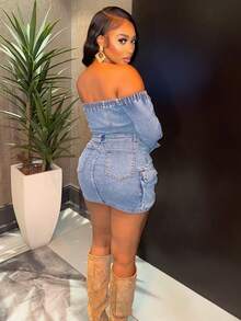 Chea Andrea 女士露肩长袖纽扣半开襟实用口袋修身牛仔连衣裙 - 藍色 - 查看 3