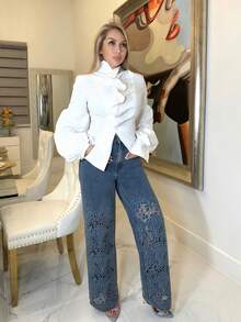 Cioccolato 女士高腰刺绣镂空宽松直筒牛仔裤，适合圣诞节和感恩节穿着 - 藍色 - 查看 6