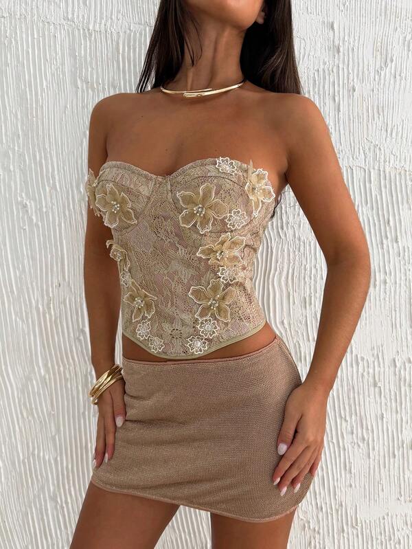 SHEIN BAE Gold Lace Floral Decor Bandeau Crop Top And Gold Crochet Knit Mini Skirt Set, Suitable For Date Night, Banquet, Wedding Guest, Party, Beach, Brunch, Ibiza, South Of France Holiday,Beach Outfits For Women,Going Out Outfits