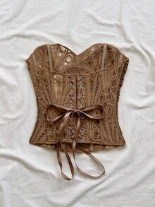 Soleia Bandeau Lace Mesh Corset Bustier Top, Coffee Brown Seductive Hollow Embroidered Shapewear, Nightclub Outfits Women, Summer, Holiday, Vacation - Khaki - View 3