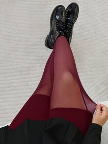SHEIN CURVE+ 大码女装/秋季女装/冬季女装/冬季女装大码女装，连体袜，黑色大码打底裤，防滑高筒打底裤，黑色网眼拼接打底裤，适合日常休闲穿着，简约时尚，春夏女装，秋季女装，冬季，大码 - 酒紅色 - 查看 7
