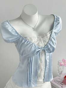 Elamini 女士蕾丝拼接扭结修身优雅短袖衬衫 - 藍色 - 查看 1