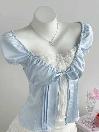 Elamini Women's Elegant Light Blue And White Lace Patchwork False Two-Piece Babydoll Top,Vintage Twist Fitted Summer Tops And Blouses For Graduation Dates
