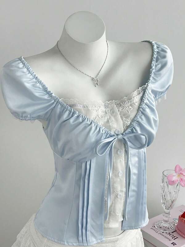 Elamini 女士蕾丝拼接扭结修身优雅短袖衬衫