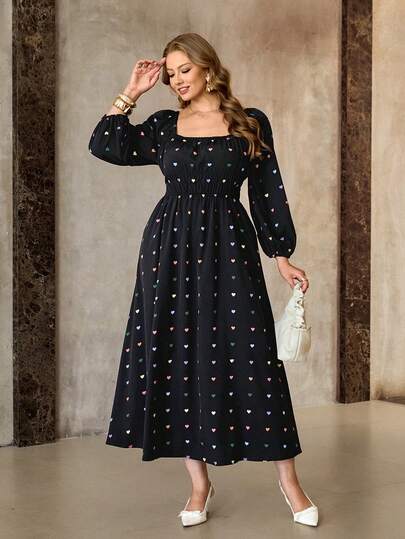 Roveilla Plus Size Dam Ny Elegant Vit Bas Svart Blommig Färgblock Fyrkantig Halsringning Långärmad Midja Spänd A-linjeformad Maxiklänning
