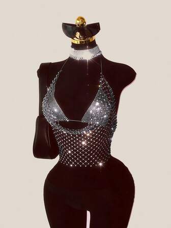 EgrlEra Women's Hollow Out Rhinestone Embellished Sexy Halter Crop Top Sparkly Top Rhinestone Mesh Top Rhinestone Top