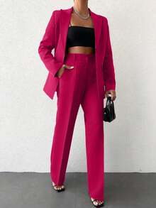 EURMUSE 純色單扣女式西裝套裝 - 粉色 - 查看 4