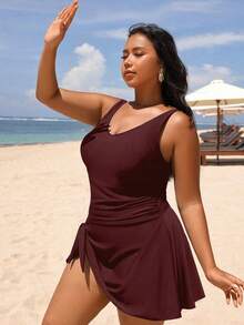 Swim Lushoire 大码女士扭结侧边连体泳衣，时尚度假之选 - 酒紅色 - 查看 3