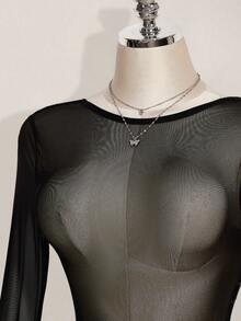 SHEIN ICON 女士时尚性感蕾丝拼接透视网纱连体衣 - 黑色 - 查看 4