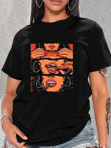 SHEIN 女式短袖 T 恤，带肖像设计图案 T 恤女式上衣 - 黑色 - 查看 1