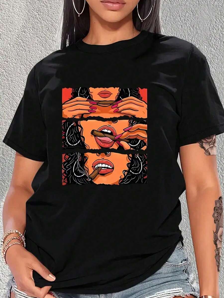 SHEIN 女式短袖 T 恤，带肖像设计图案 T 恤女式上衣 - 黑色 - 查看 1