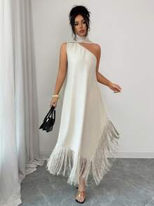 SHEIN Elenzya Elegant Linen-Like Loose Asymmetric Shoulder Tassel Trim Dress, Suitable For Holidays, Vacation, Commute, Versatile For Daily Wear, Summer - Coffee - View 8