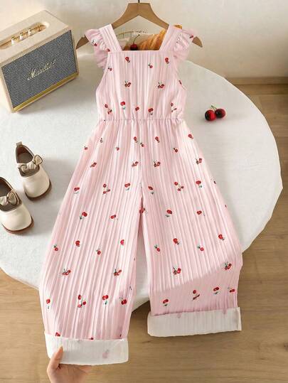 Genkimix Kids 1 pieza Mono de niña con estampado de cerezas vintage casual y ajustado, adecuado para actividades al aire libre de verano y uso escolar