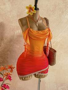 Soleia Women's Sunset Ombre Red Orange Floral Chiffon Mini Dress,Boho Summer Beach Vacation Holiday Outfits,Music Festival,Party,Island Cruise Summer Outfit - Multicolor - View 6