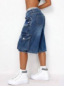 SHEIN ICON Quần short denim ống rộng, dáng rộng, chất liệu denim mài, thích hợp mặc thường ngày cho nữ. - Rửa tối - Xem 6