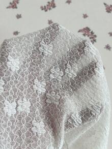 Elamini 白色蕾丝边饰黑色雪纺波点二合一喇叭袖蝴蝶结装饰修身荷叶边下摆T恤，甜美可爱浪漫复古学院风日常百搭女款春夏装 - 白色 - 查看 7