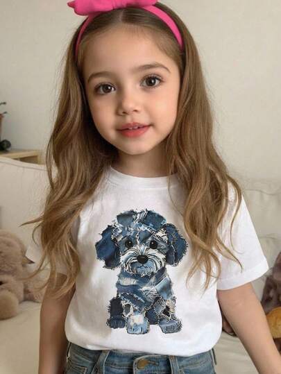 SHEIN Young Girl Solid Color Round Neck Casual T-Shirt With Cute Dog Pattern