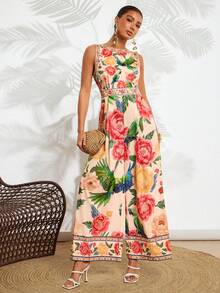 Amorya 女士优雅露背连体裤，宽松撞色印花度假连体裤，沙滩连体裤，优雅鸟类印花连体裤，度假装连体裤，长款碎花连体裤，春夏女装，复活节，优雅派对装，沙滩装，母亲毕业礼服，毕业礼服，伴娘礼服，婚礼宾客礼服，婚礼，女士度假装，夏季假日装，女士正式服装，Y2K风格，女士办公室装，碎花连体裤，女士夏季连衣裙 - 彩色 - 查看 8