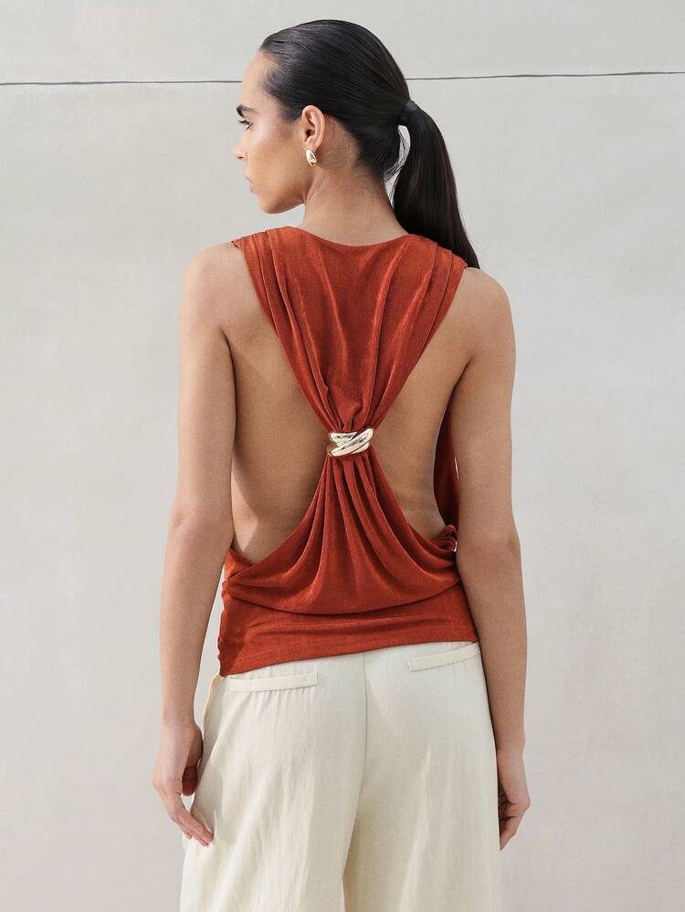 KSTM Draped Sleeveless Tank Top With Open Back Detail And Metal Hardware For Spring Summer