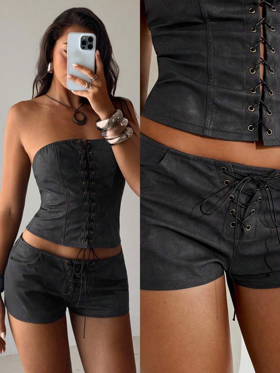 Aloruh Women's Y2K Vintage Pu Leather Washed Retro Low Waist Distressed PU Mini Shorts,Rave Rave Festival