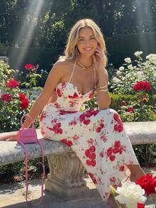 Aloruh 女式花卉印花紧身露背连衣裙 - 淺粉色 - 查看 3