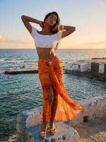 Femesol 女士时尚优雅休闲度假海星印花不对称开衩长裙 - 彩色 - 查看 5