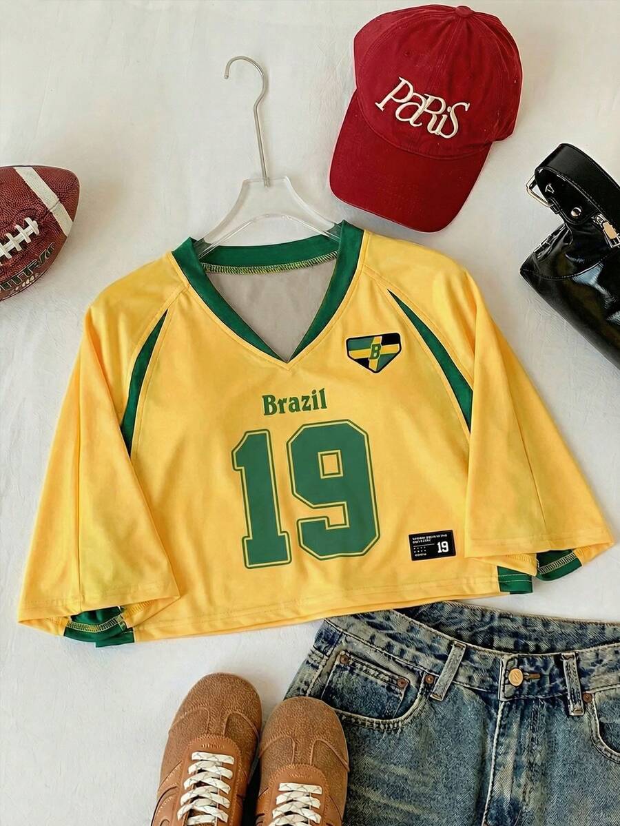 Comfortcana 女士夏季短袖V领巴西队号码字母国旗印花撞色字母印花休闲露脐上衣，插肩袖针织衫，世界杯比赛日，体育迷周边，运动度假装，运动球衣 - 彩色 - 查看 1