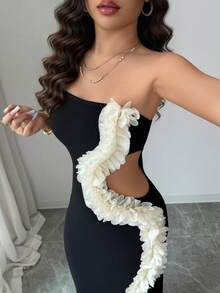 Rafferiza Women's Elegant Black And Cream Summer Dress,Tight-Fitting Hollowed-Out Waist Slit Irregular Floral Design, Night Out Dress For Wedding Banquet - Black - View 5