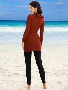 SHEIN Swim Shayni Đồ bơi đi biển mùa xuân/hè, bộ burkini 2 mảnh phối màu tay dài và quần dài kiểu Trung Đông dành cho nữ, có nơ trang trí. - Nhiều màu - Xem 2