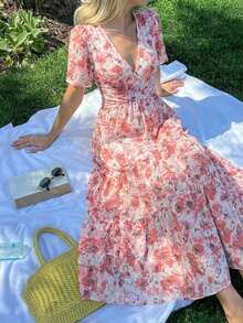 KARISMINA Women's Elegant V-Neck Floral Print Orange And White Maxi Dress,Summer Boho Garden Party Holiday Outfits,Cottagecore Wedding Guest Dress - Orange - View 14