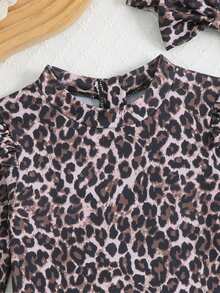 女婴豹纹泳衣，带荷叶边和袖子，含发带，适合夏季海滩度假，时尚百搭。 - 彩色 - 查看 6