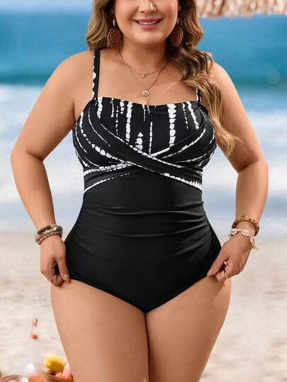 Swim Lushoire Plus Size Women One-Piece Solid Color Patchwork Black & White Polka Dot Print Spaghetti Strap Beach Vacation Bikini Swimsuit